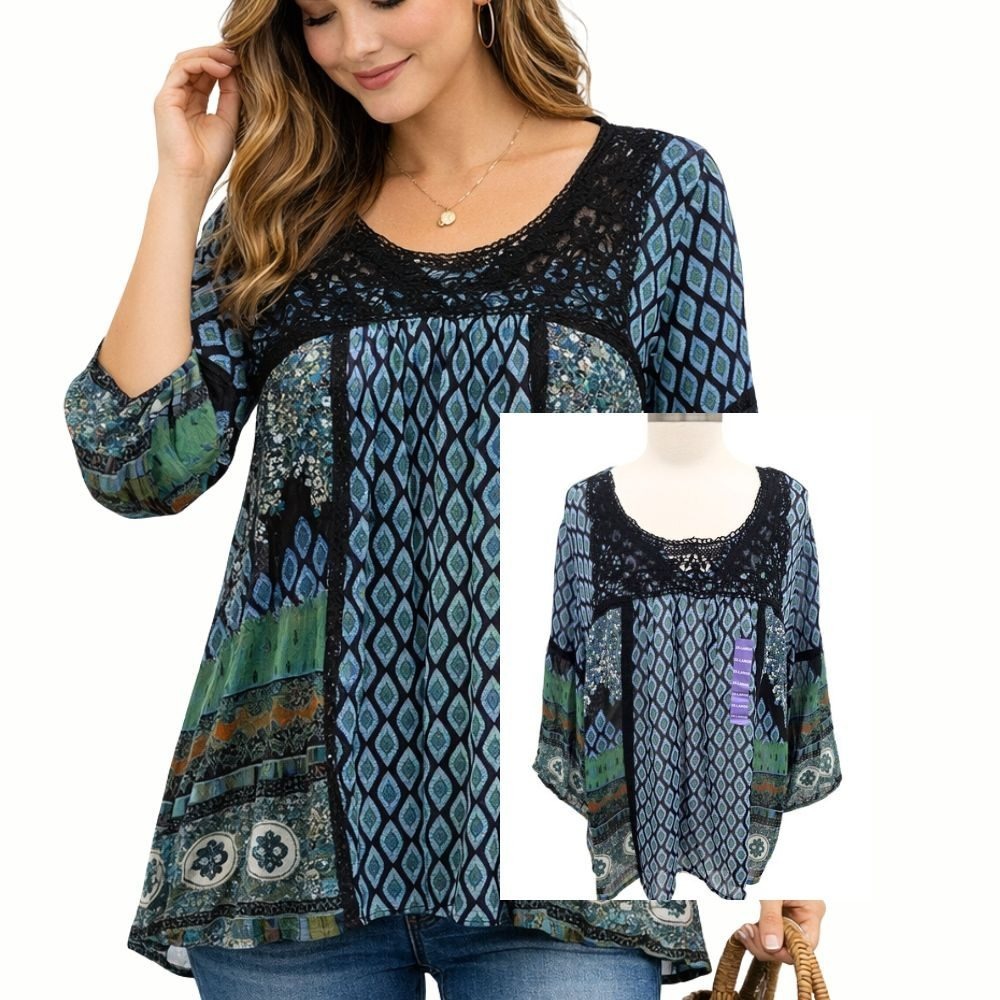 Bila Peasant Tunic Top Boho Crochet Lace Rayon Teal NWT Womens XXL